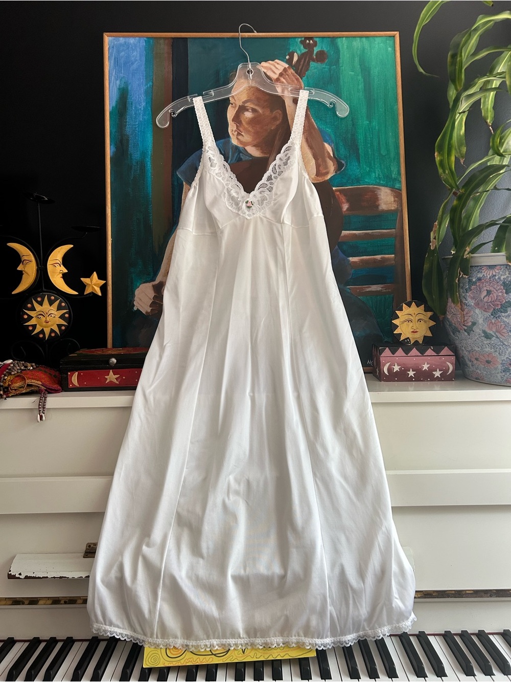 Vintage White Satin Full Slip Nightgown Lace Floral Rose Lingerie Maxi